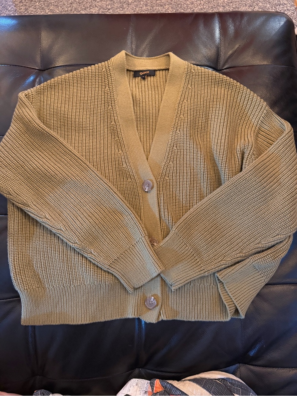 Quince Herb Green Organic Cotton Ribbed V-Neck Button Cardigan small never worn